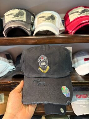 Black Distressed Baseball Cap with Embroidered Mask and Gold Chain